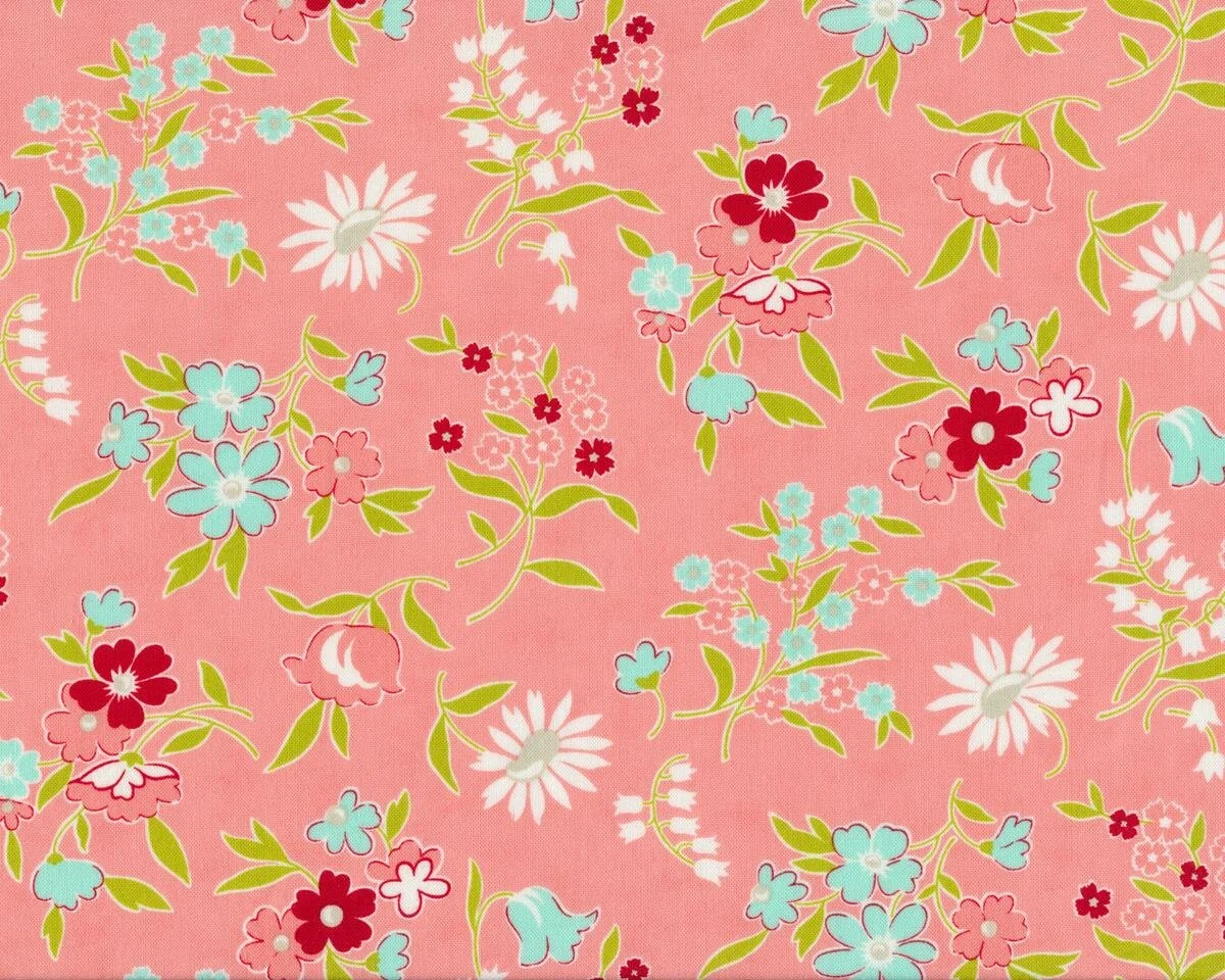 Patchworkstoff VINTAGE PICNIC, Wiesenblumen, helles lachsrot, Moda Fabrics