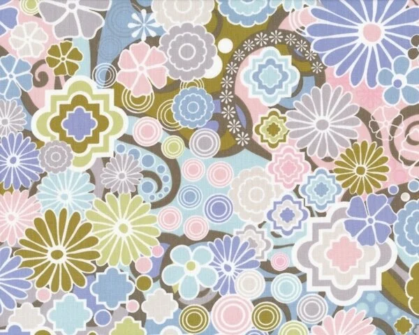 Patchworkstoff WILD WORLD, Sternenblumen und Spiralen, taubenblau-moosgrün