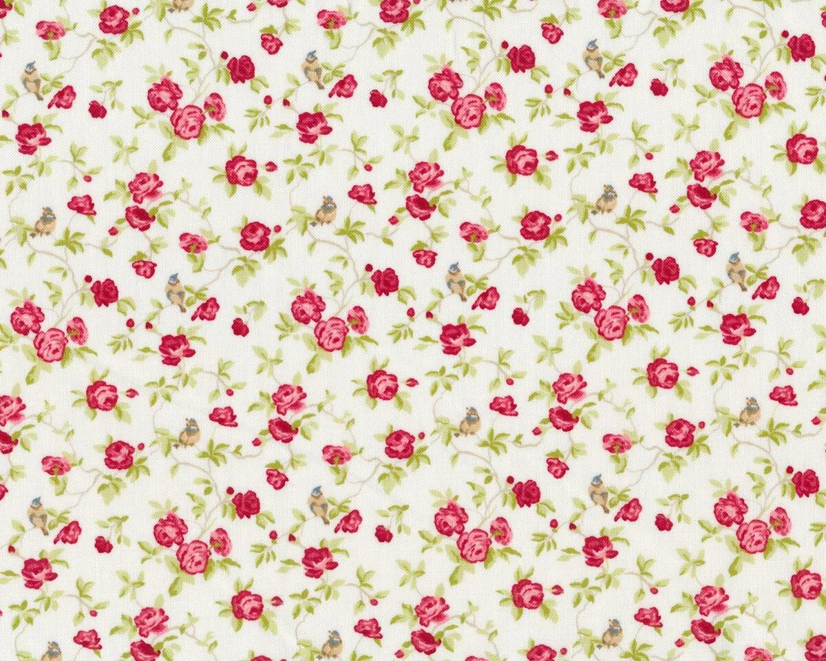 Patchworkstoff WINDERMERE, Rosen und Meisen, wollweiß-dunkelrot, Moda Fabrics