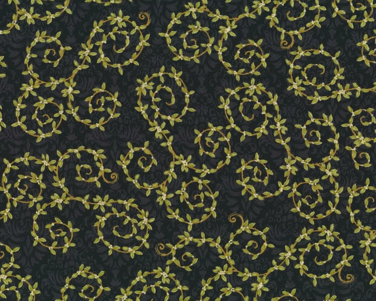 Patchworkstoff WINTER BLISS, Blätter-Ranken, schwarz-gedecktes limette