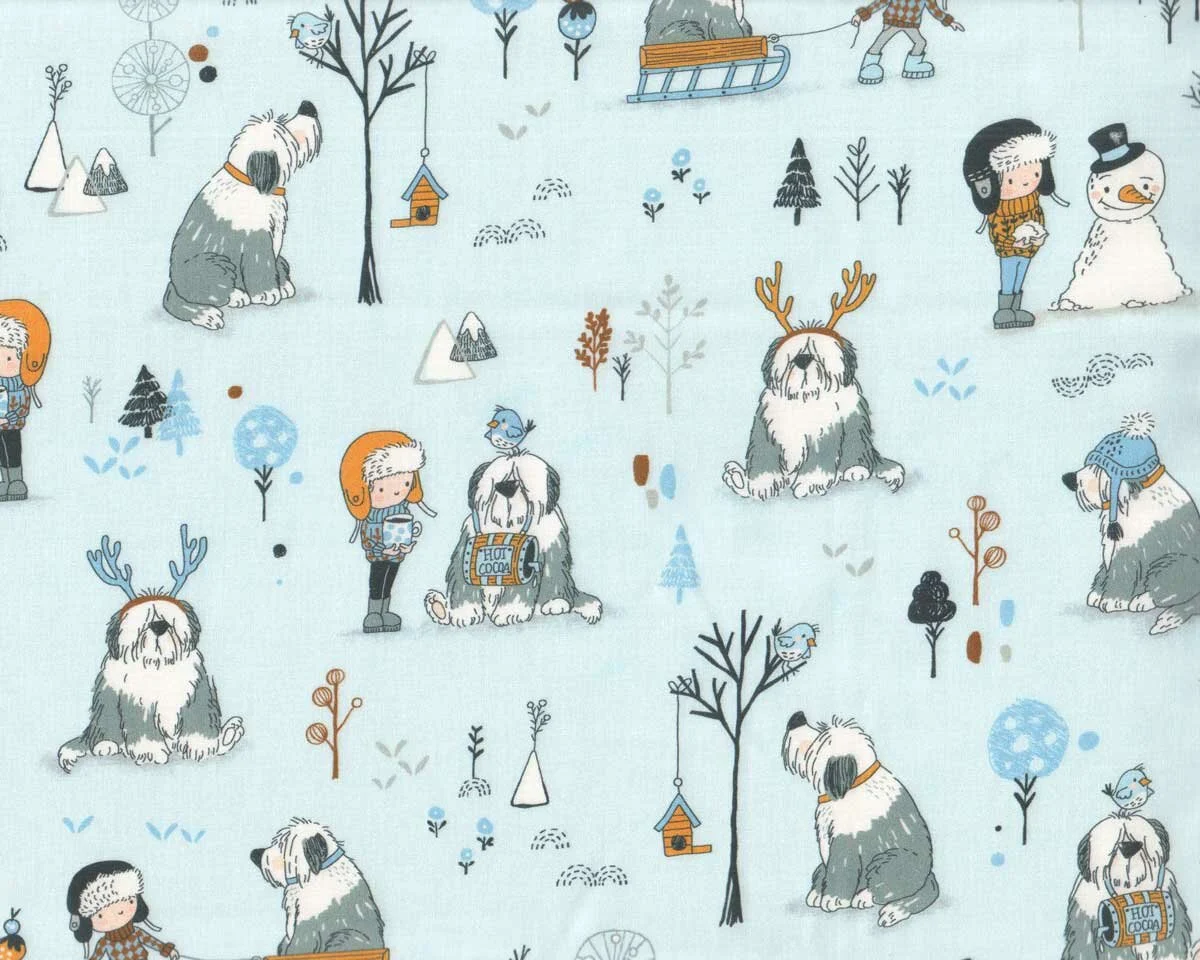 Patchworkstoff WINTER DAYS, Junge und Hund, hellblau, Michael Miller