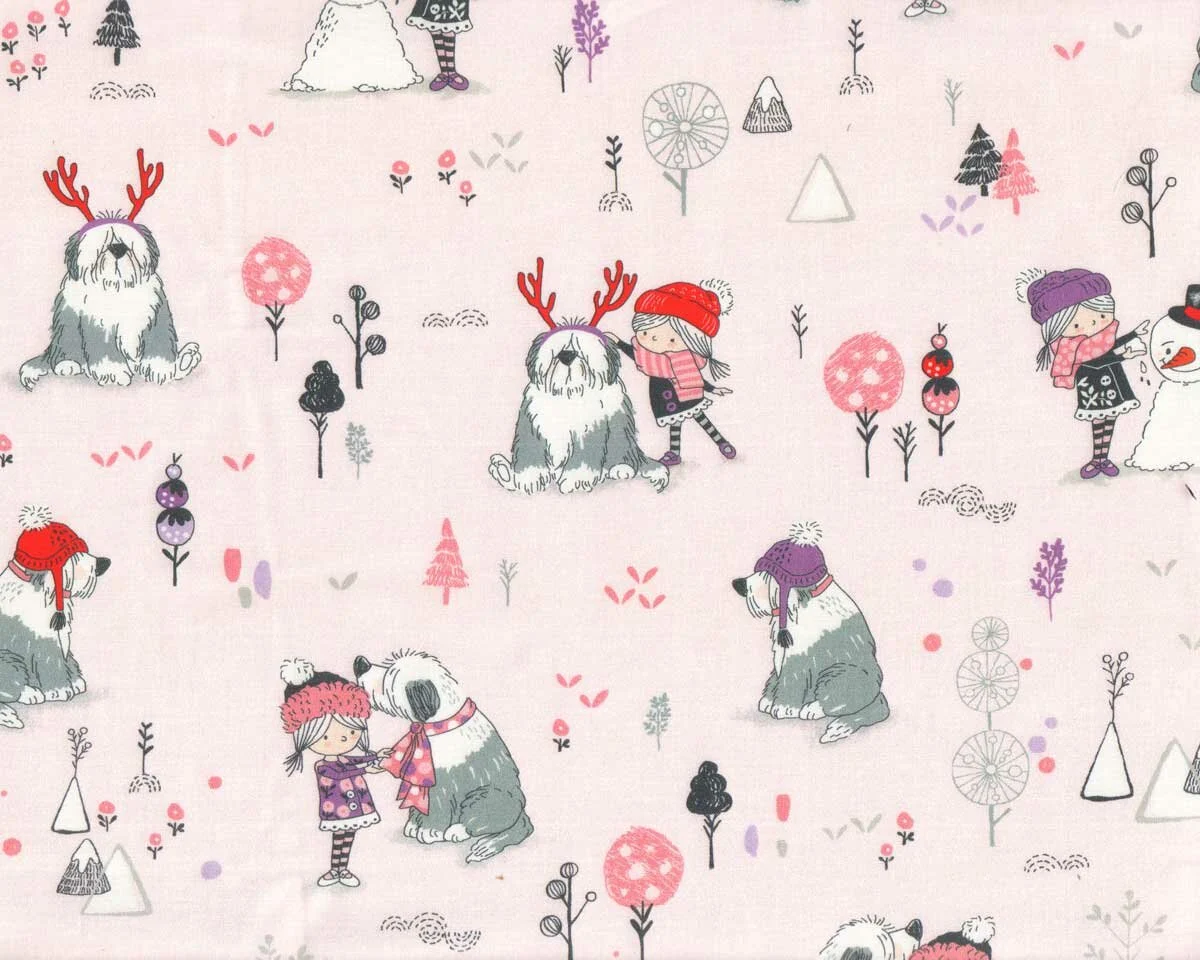 Patchworkstoff WINTER DAYS, Mädchen und Hund, rosa, Michael Miller