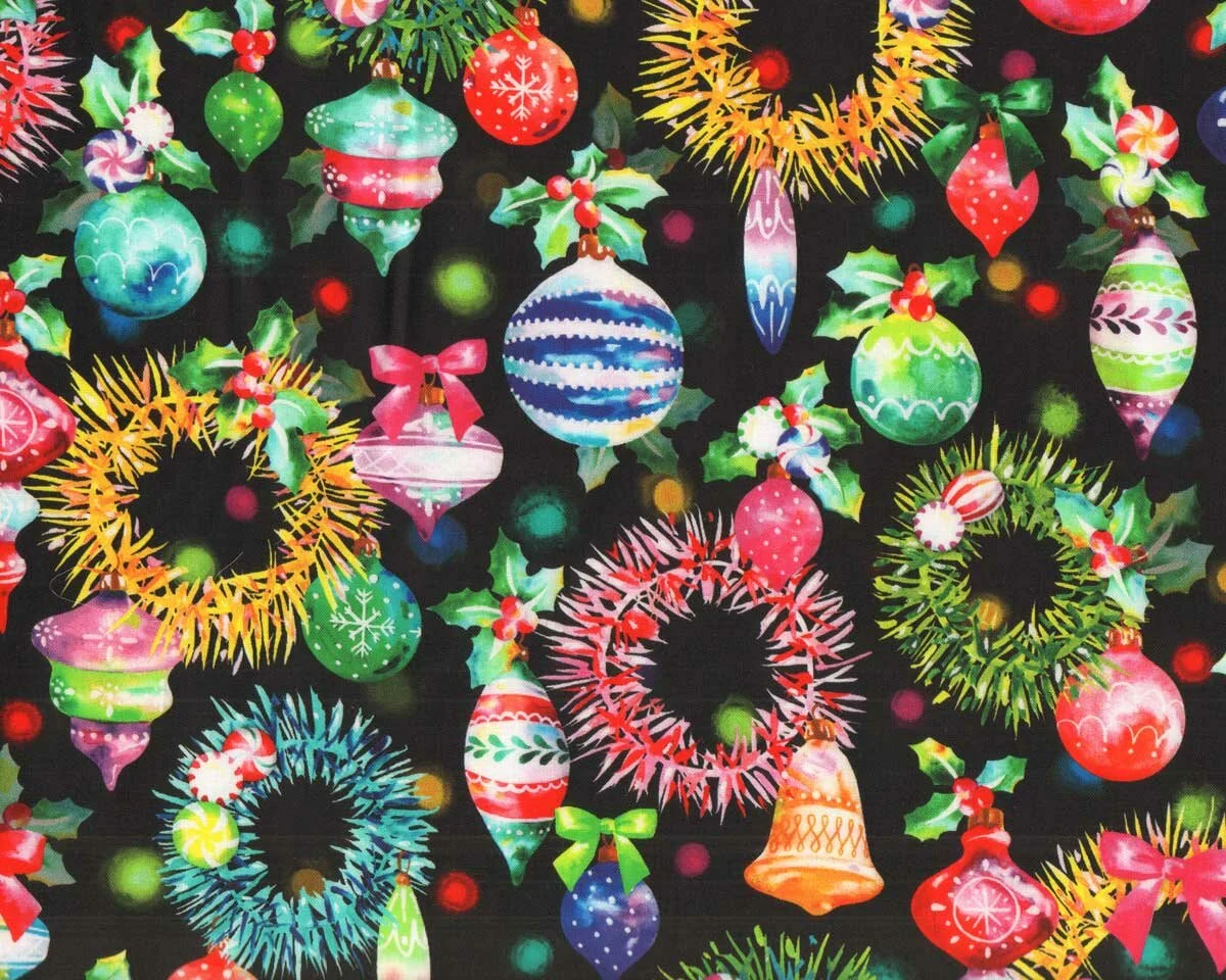 Patchworkstoff WISHWELL GLOW, Kränze, schwarz, Robert Kaufman