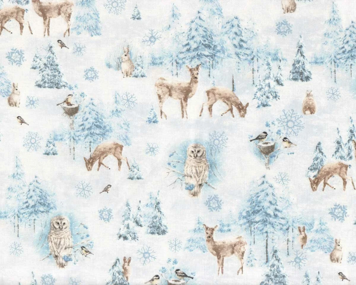 Patchworkstoff WOODLAND FROST, Tiere und Bäume, hellblau, Wilmington Prints