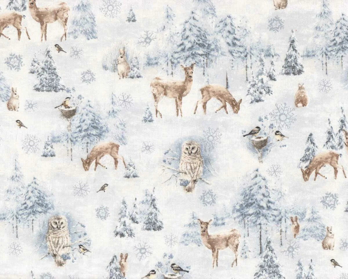 Patchworkstoff WOODLAND FROST, Tiere und Bäume, hellgrau, Wilmington Prints