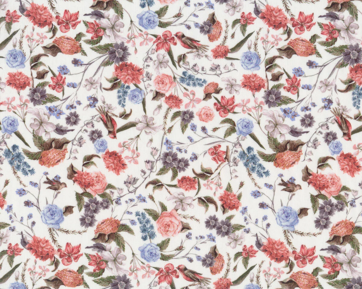 Popeline-Baumwollstoff CALANDRIA, Blüten und Vögel, rosé