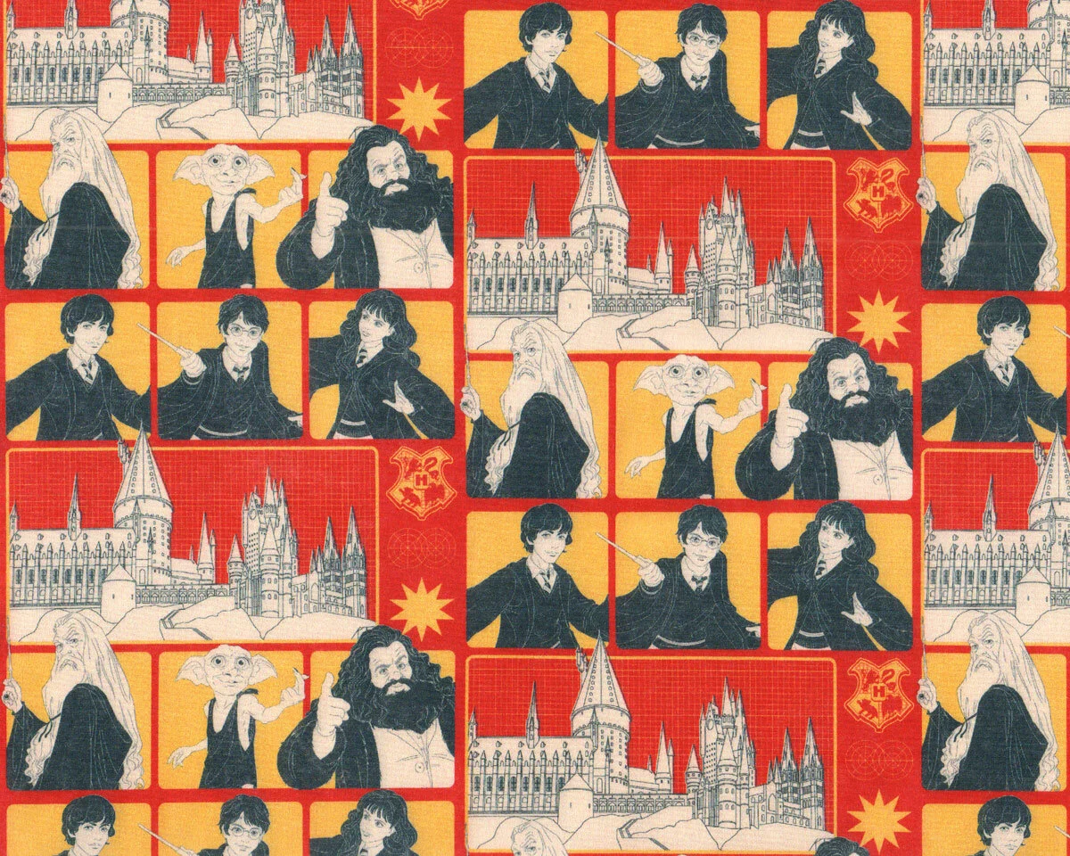 Popeline-Baumwollstoff HARRY POTTER, Dumbledore vor Hogwarts, gelb