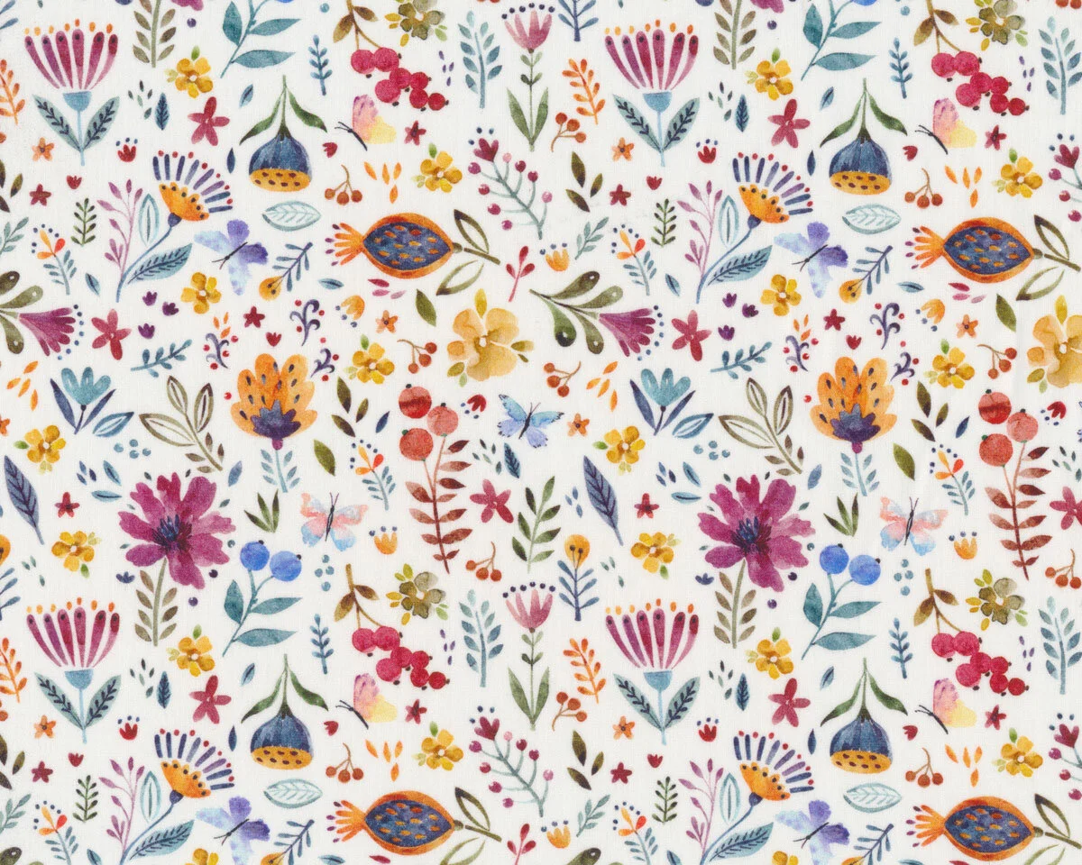 Popeline-Baumwollstoff LANTANA, Blumen und Beeren, bunt