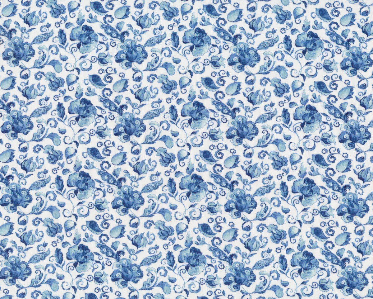 Popeline-Baumwollstoff PETITE INDI ETNIC, Blumen, blau