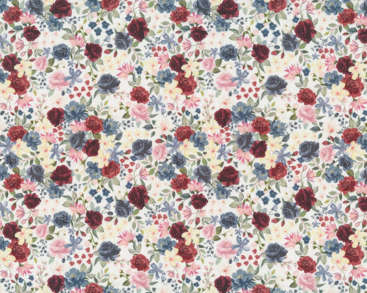Popeline-Baumwollstoff ROSARIO, Rosen, weinrot-blau