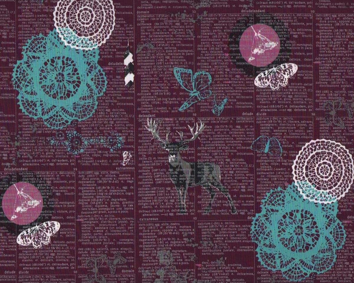 Popeline-Patchworkstoff INDELIBLE, Hirsch und Spitze, aubergine, Katarina Rocella