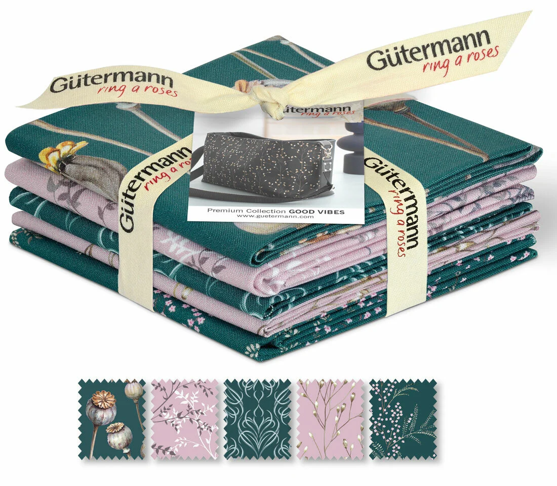 Precuts Fat Quarter Baumwollstoff GOOD VIBES, petrol, ring a roses