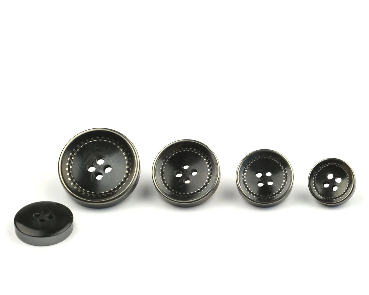 Runder Kunststoffknopf USED, Lederoptik mit kreisrunder Steppnaht, 4 Größen, anthrazit