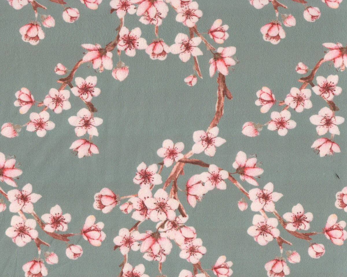 Samtstoff Velour BLOSSOM, Kirschblüten, türkisgrau