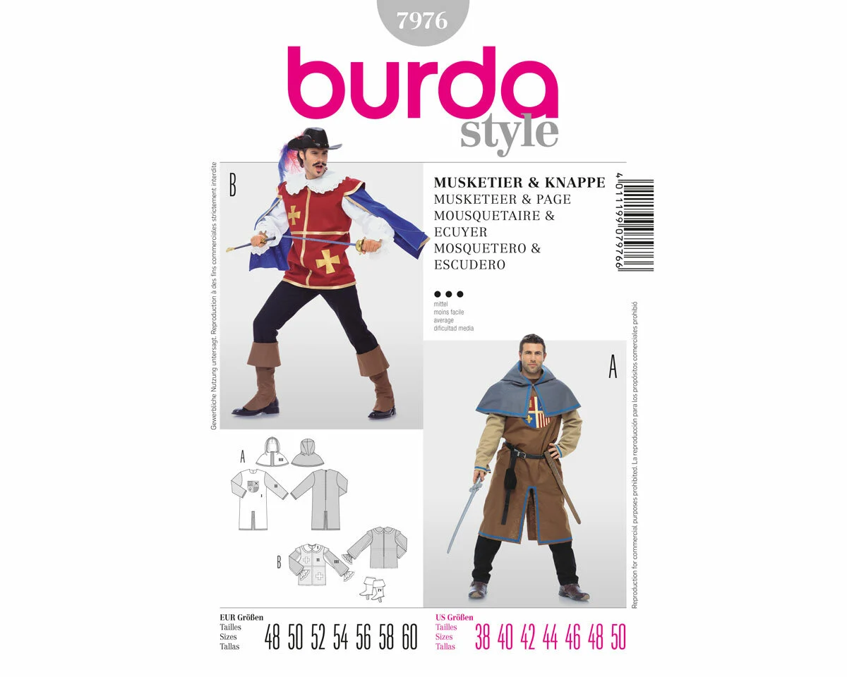 Schnittmuster Faschingskostüm für Herren MUSKETIER & KNAPPE, burda style 7976