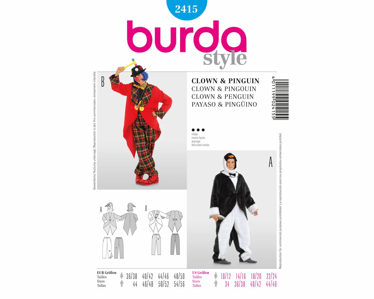 Schnittmuster Faschingskostüm für Herren und Damen PINGUIN UND CLOWN, burda style 2415