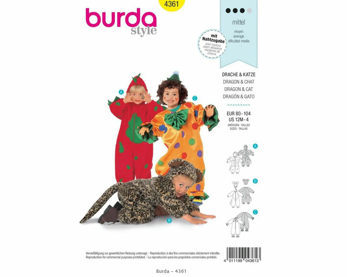 Schnittmuster Faschingskostüm für Kinder DRACH, KATZE, CLOWN, burda kids 4361