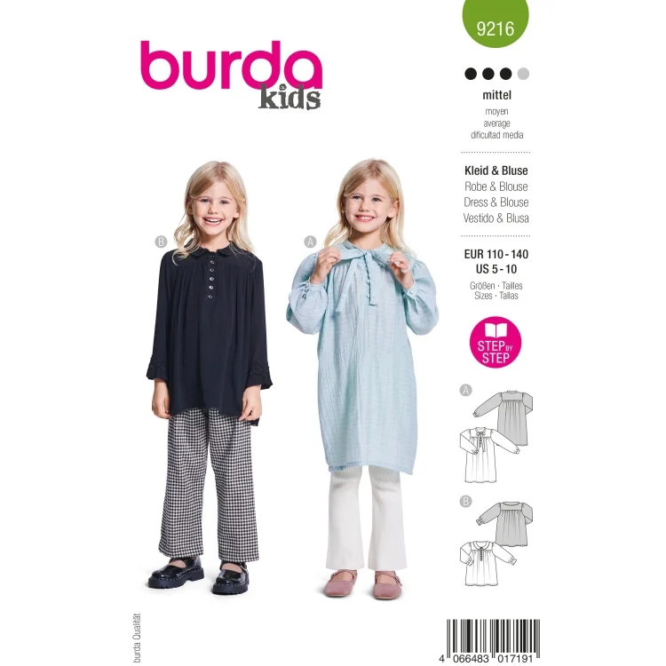 Schnittmuster Kleid & Bluse Mädchen, Burda 9216