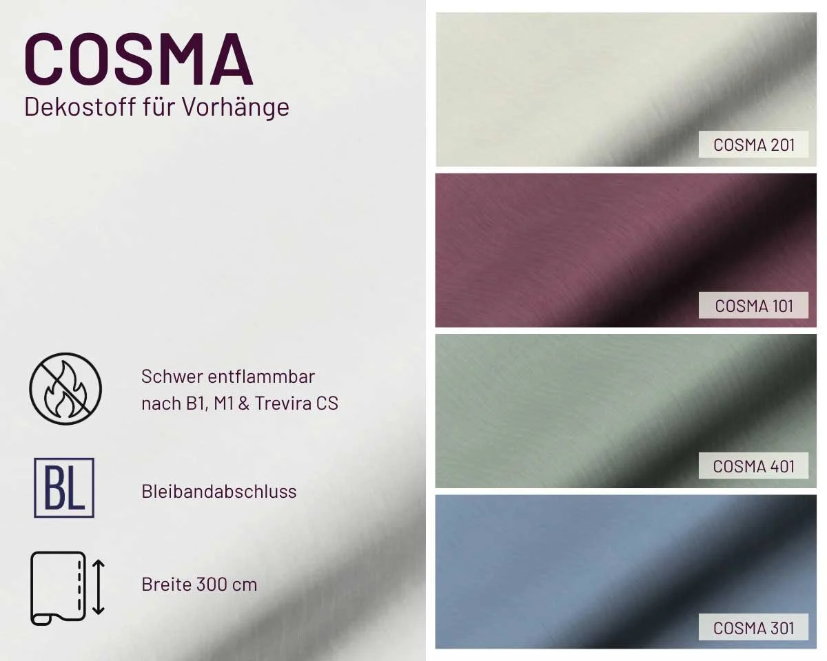 Schwer entflammbarer Dekostoff COSMA, transparent, Überbreite, Saum & Viebahn