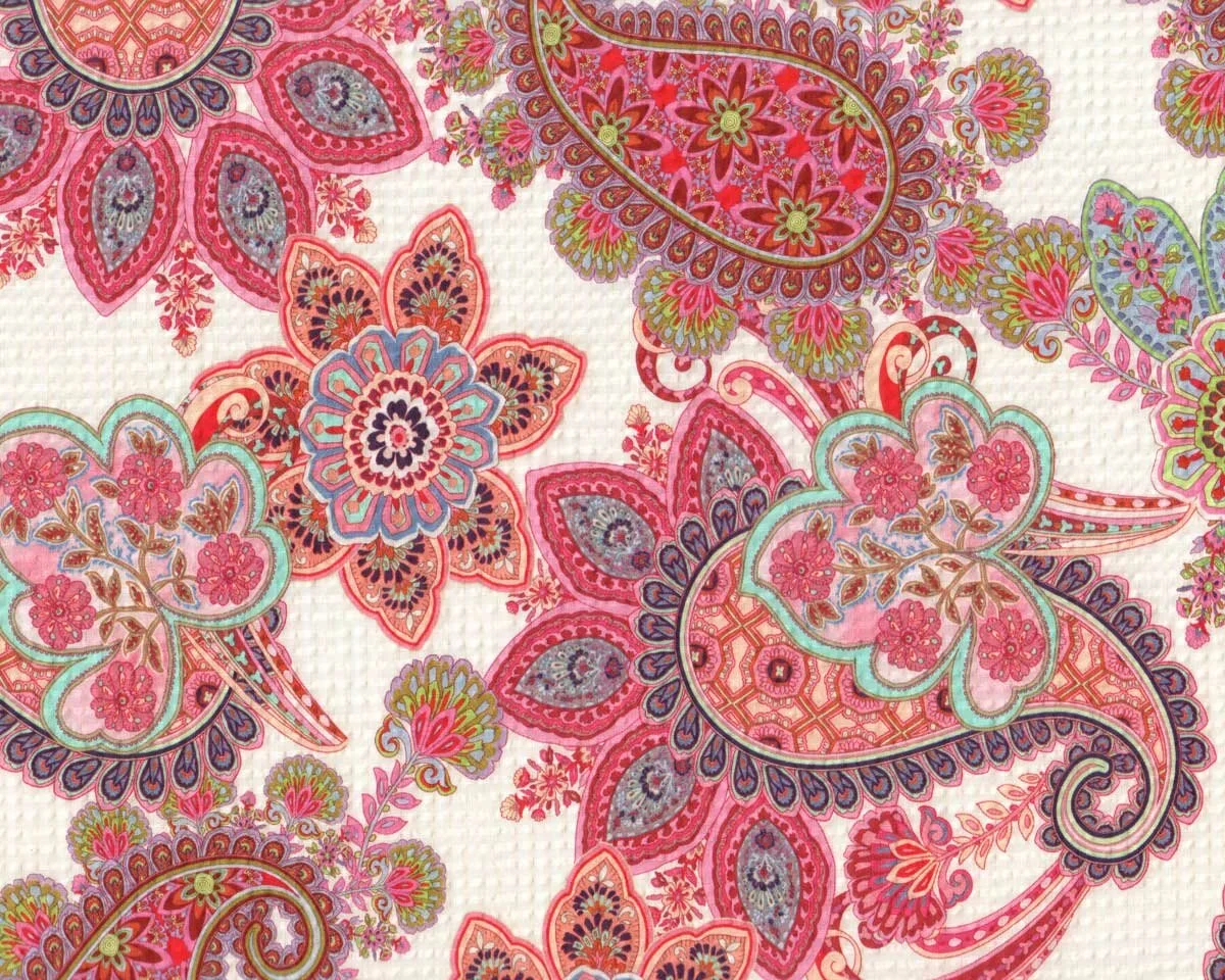 Seersucker-Baumwollstoff BANEA, Paisley-Blüten, fuchsia, Hilco