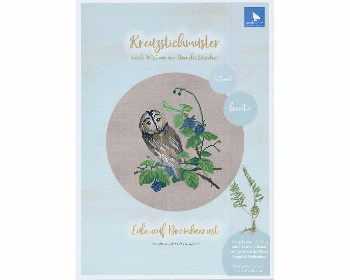 Stickvorlage: Eule auf Brombeerast, Acufactum