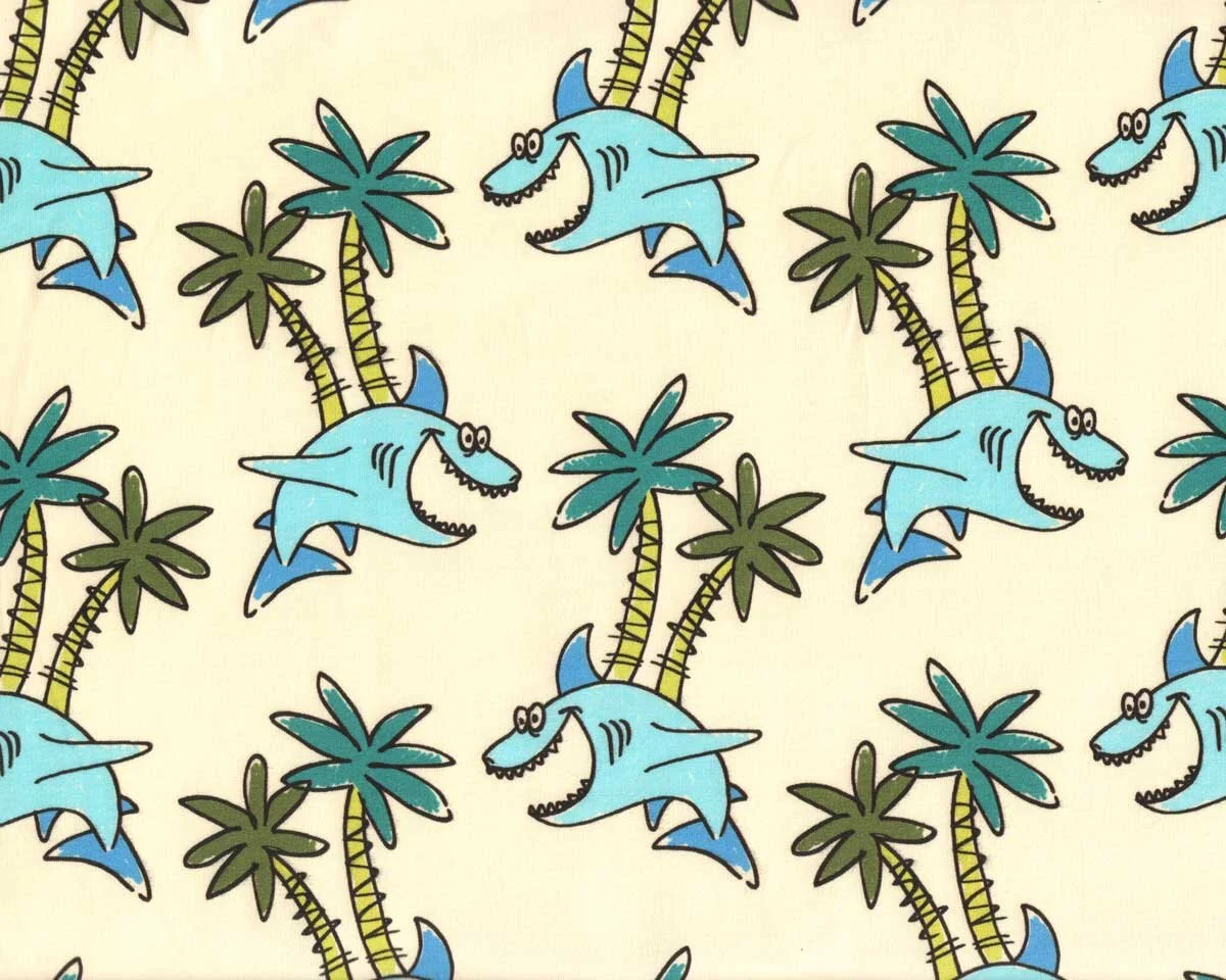 Sweatstoff CALIFORNIA, Hai und Palmen, pastellgelb, Hilco