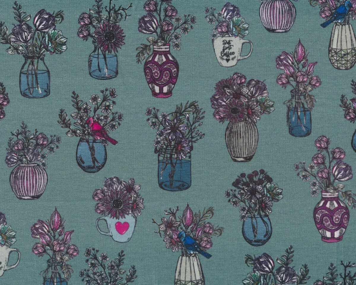 Sweatstoff French Terry ALL MY FLOWERS, Blumenvasen, graugrün, Lila Lotta