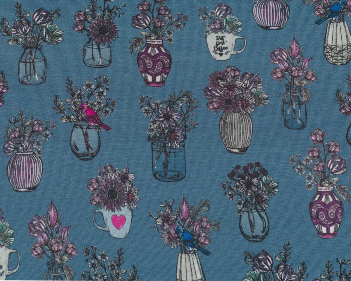 Sweatstoff French Terry ALL MY FLOWERS, Blumenvasen, jeansblau, Lila Lotta