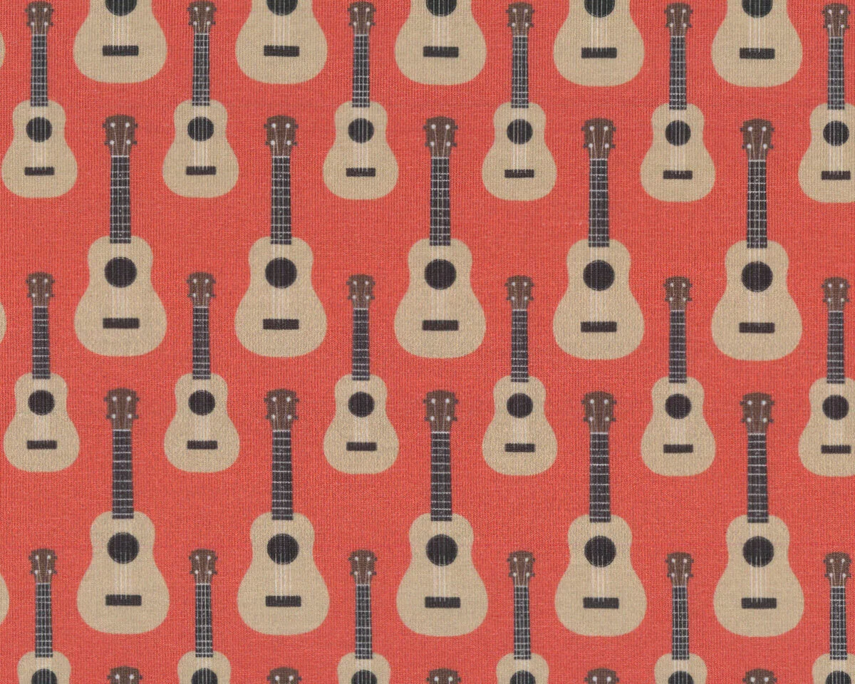 Sweatstoff French Terry RETRO, Gitarren, stumpfes hellrot