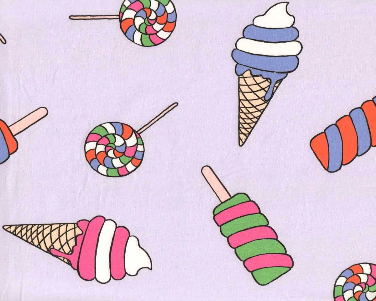 Sweatstoff ICE CREAM, Eis-Sorten, lavendel, Hilco