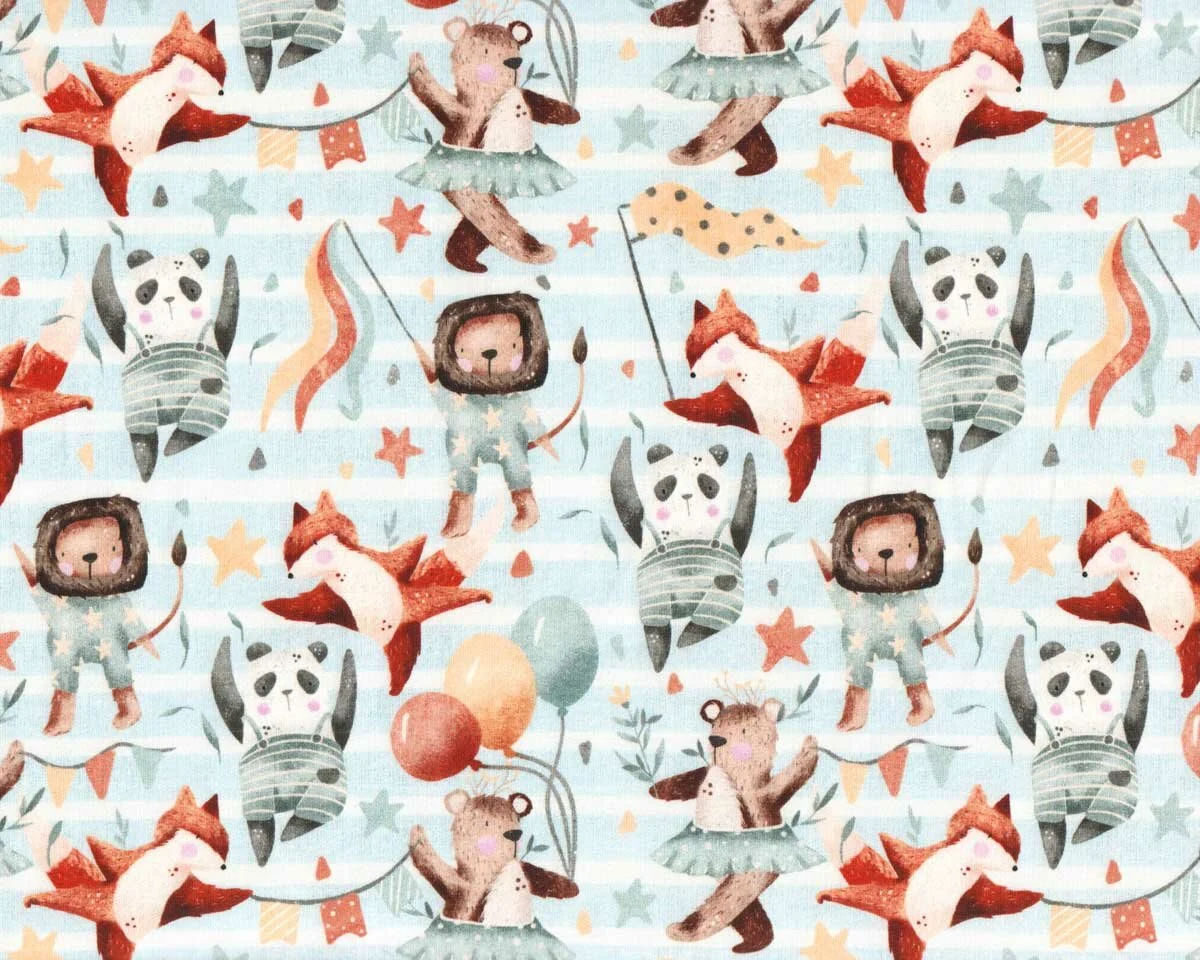 Sweatstoff SKY DANCER, Bär und Fuchs, hellblau, Hilco