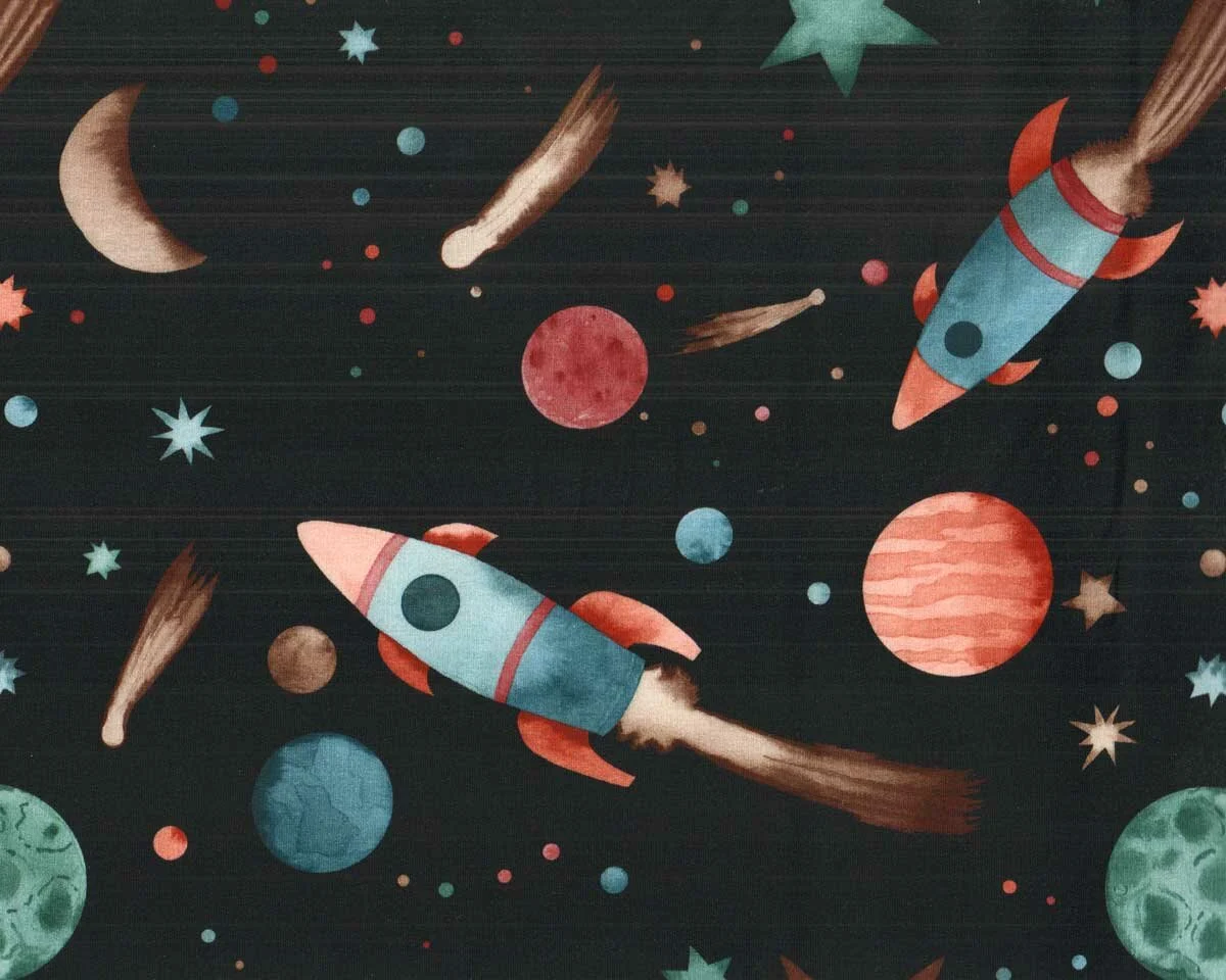 Sweatstoff SPACEROOM, Planeten und Rakete, schwarz, Hilco