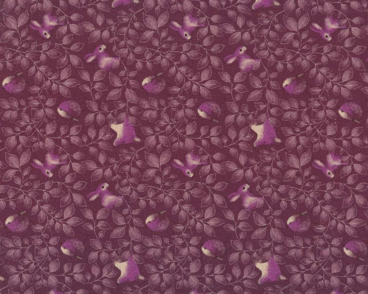 Sweatstoff SWEET LEAVES, Hasen und Blätter, helles aubergine, Hilco