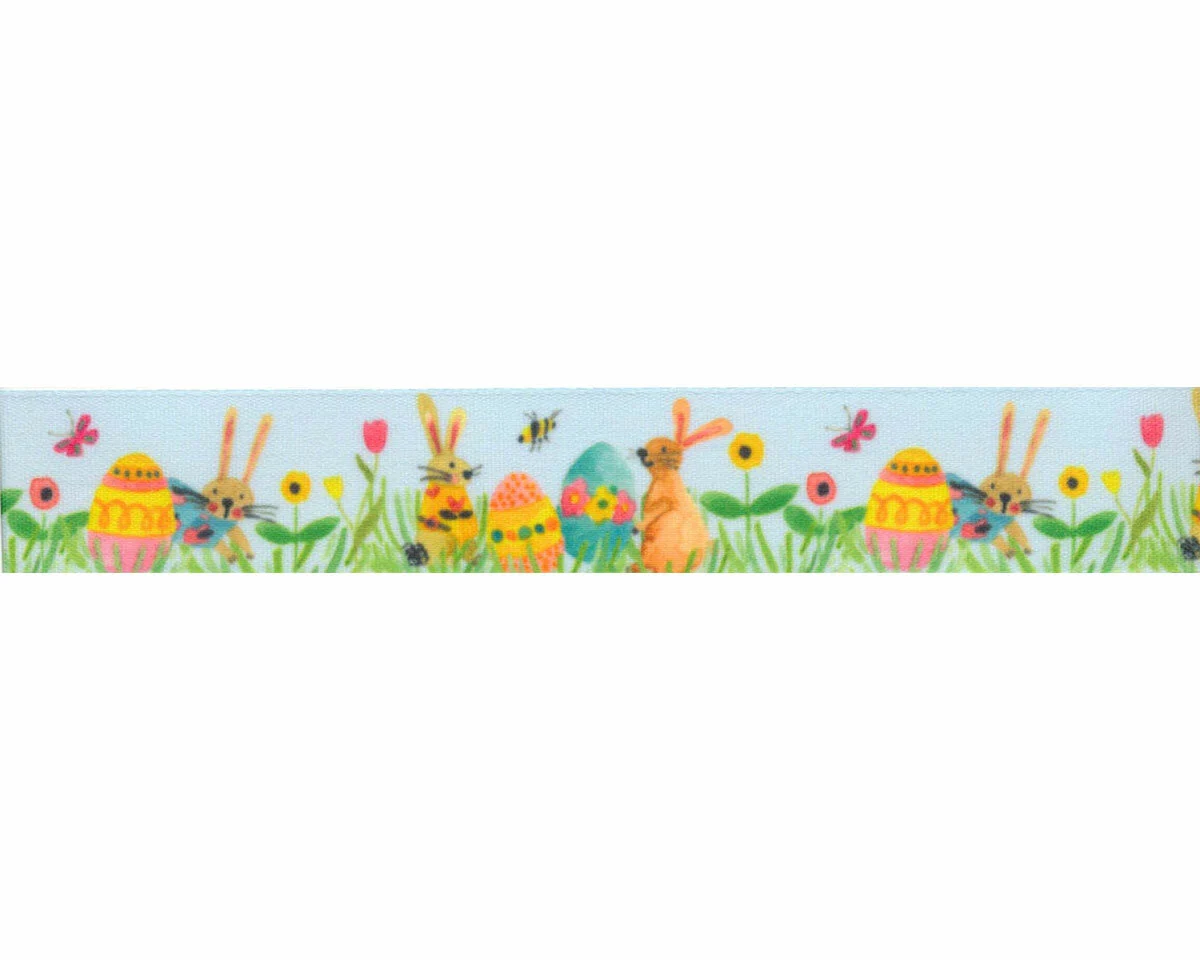 Taftband BUNNY LOVE, Wiese mit Osterhasen, bedruckt, Berisfords