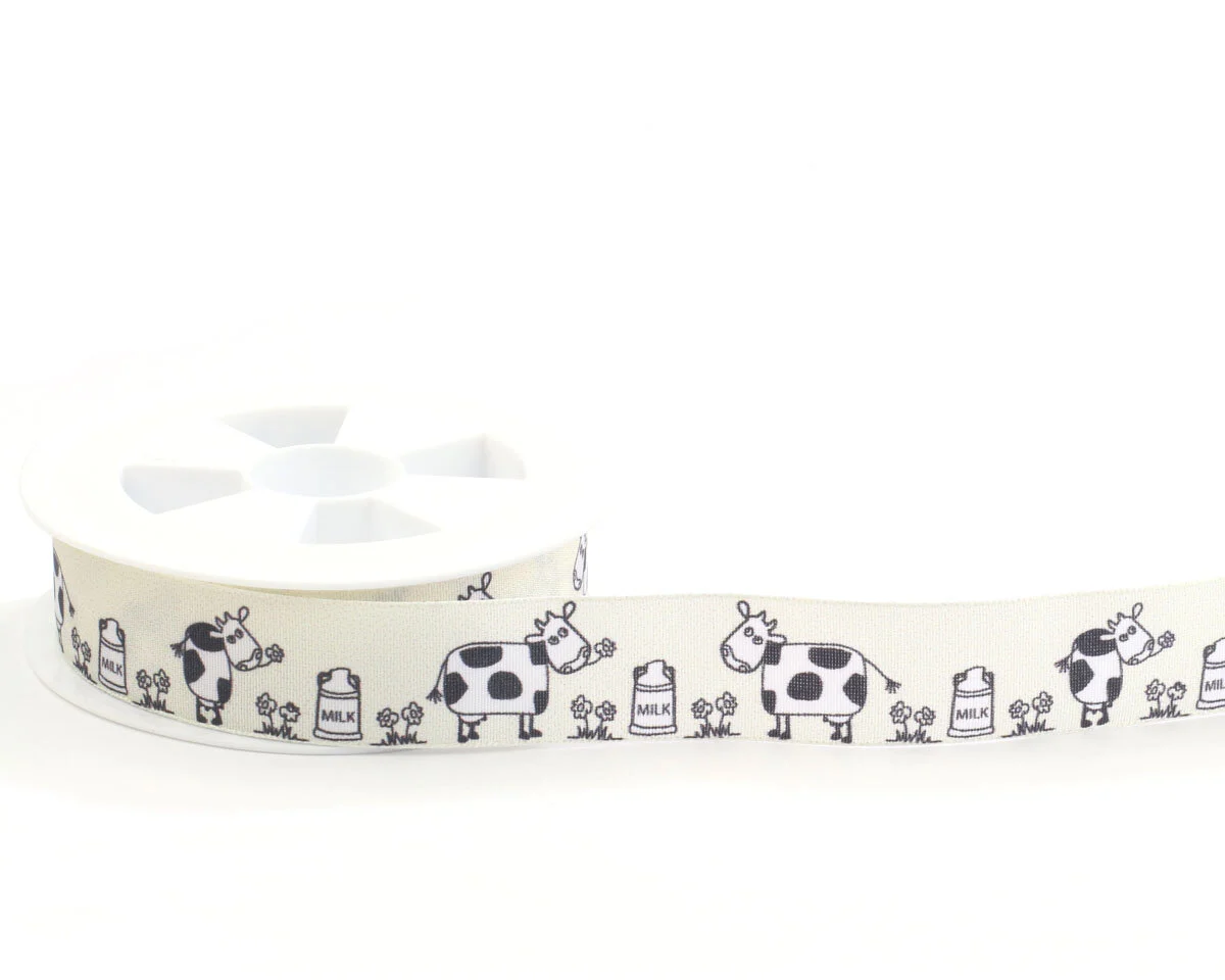 Taftband mit Digitaldruck COWS, Kühe und Milchkannen, 25 mm