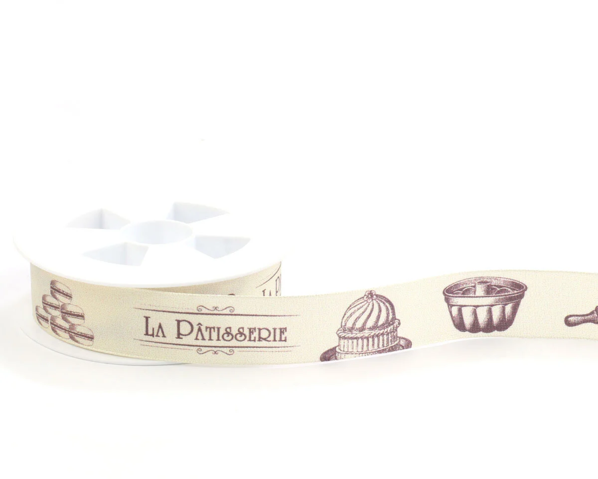 Taftband mit Digitaldruck LA PATISSERIE, Backwerkzeug, 25 mm