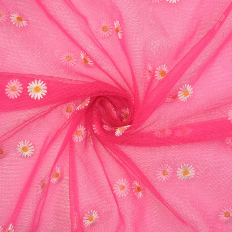 Tüll mit Stickerei Daisies, pink
