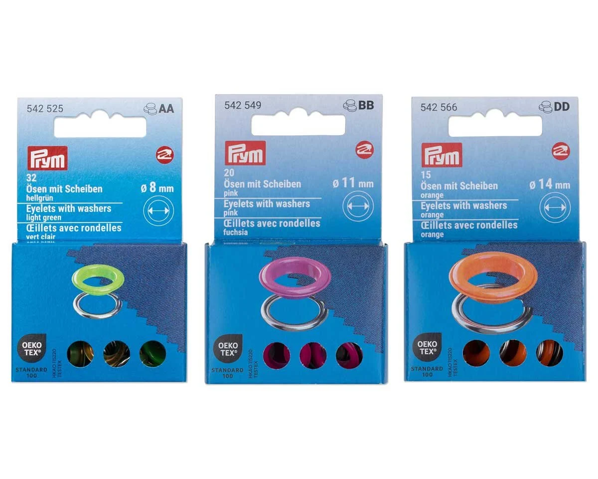 Vario Creative Tool ÖSEN MIT SCHEIBEN, 11 Farben in 3 Größen, Prym