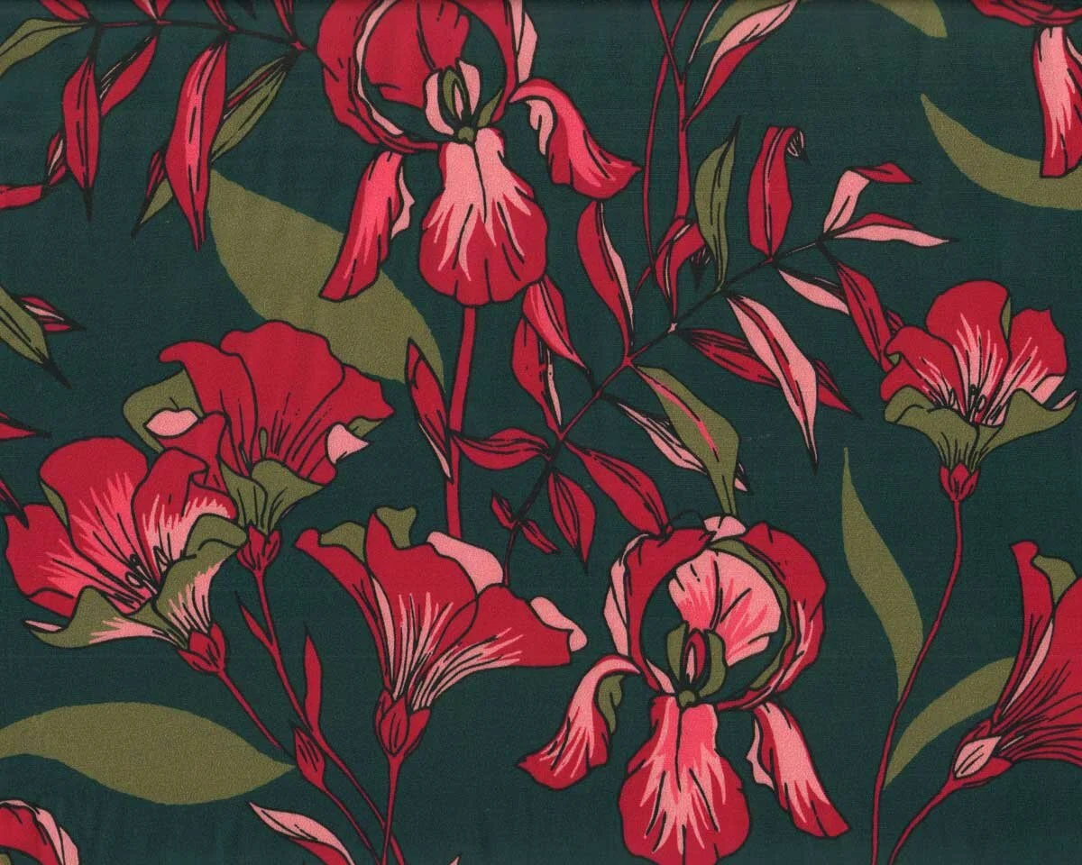 Viskosekreppstoff AURELIA, Orchidee, petrolgrün-fuchsia, Hilco