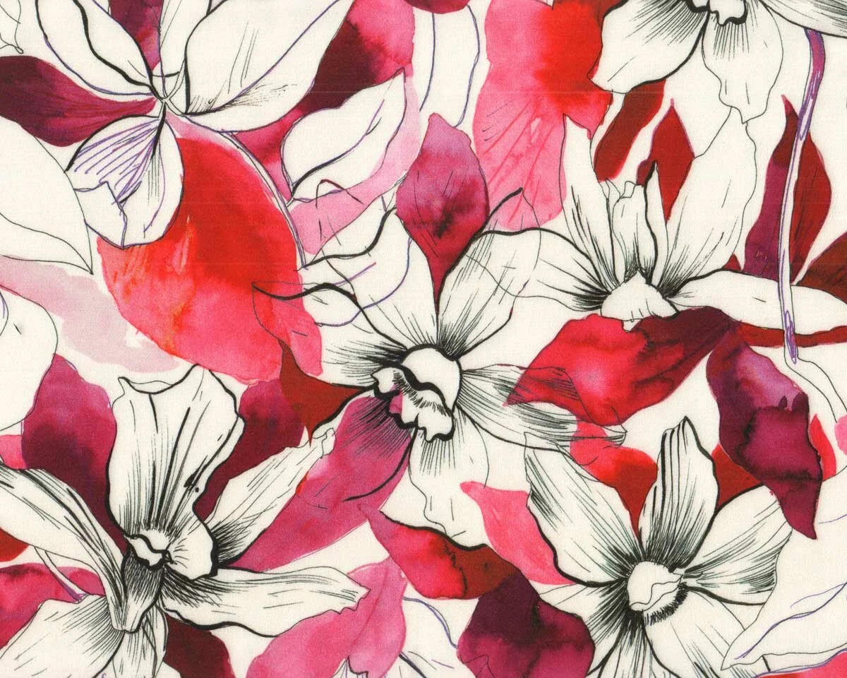 Viskosekreppstoff YARY, Aquarell-Blüten, fuchsia, Hilco