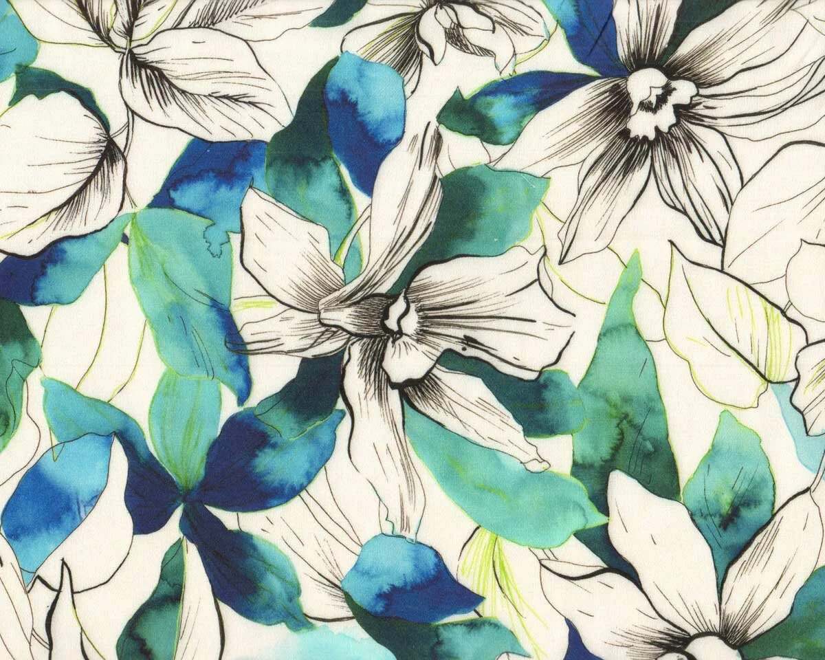 Viskosekreppstoff YARY, Aquarell-Blüten, petrol, Hilco