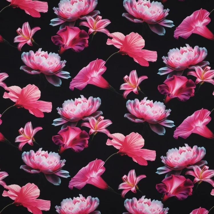 Viskosestoff Pink Flowers, schwarz