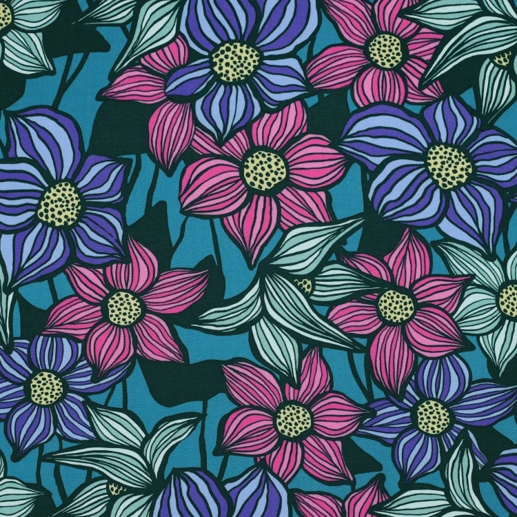 Viskosestoff Striped Flowers, petrol