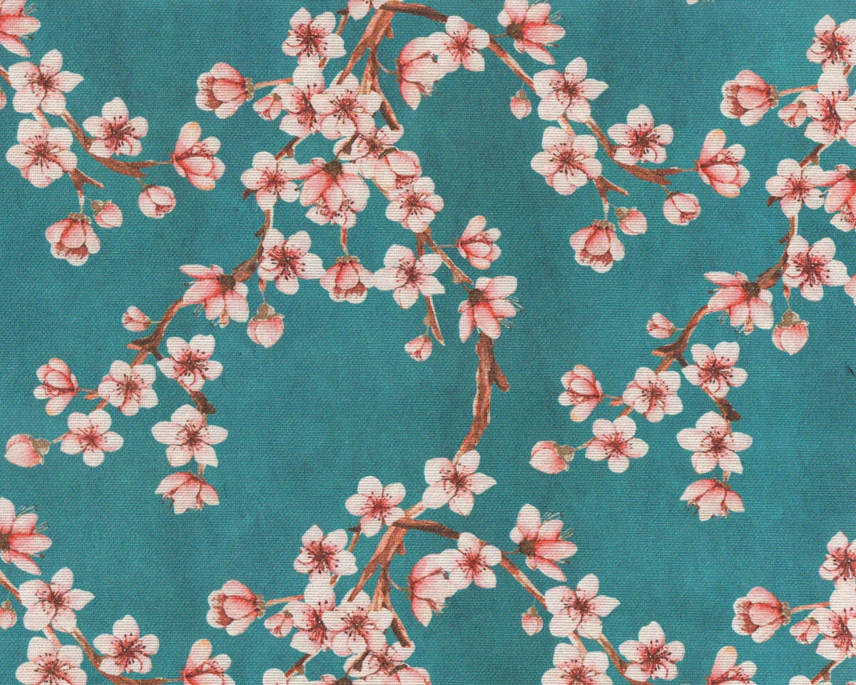 Wachstuch-Baumwollstoff BLOSSOM, Kirschblüten, petrol