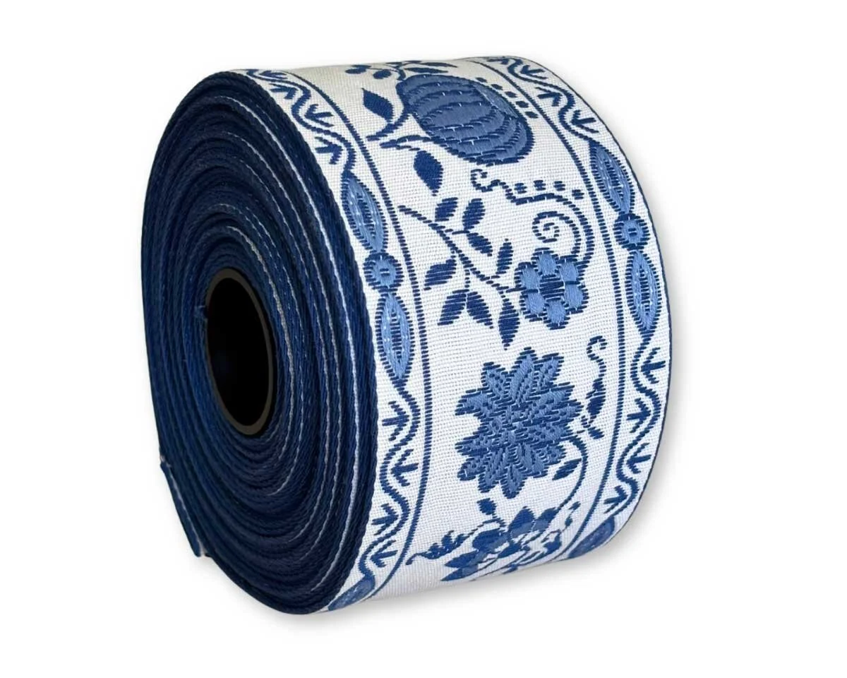 Webband BLUMENRANKEN, 65 mm breit, blau-weiß, Vaupel & Heilenbeck