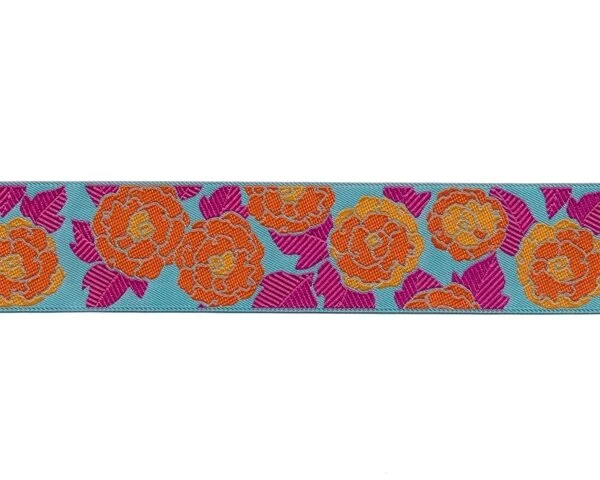 Webband CAMELIAS, Kamelien-Blüten, 38 mm breit, orange-fuchsia