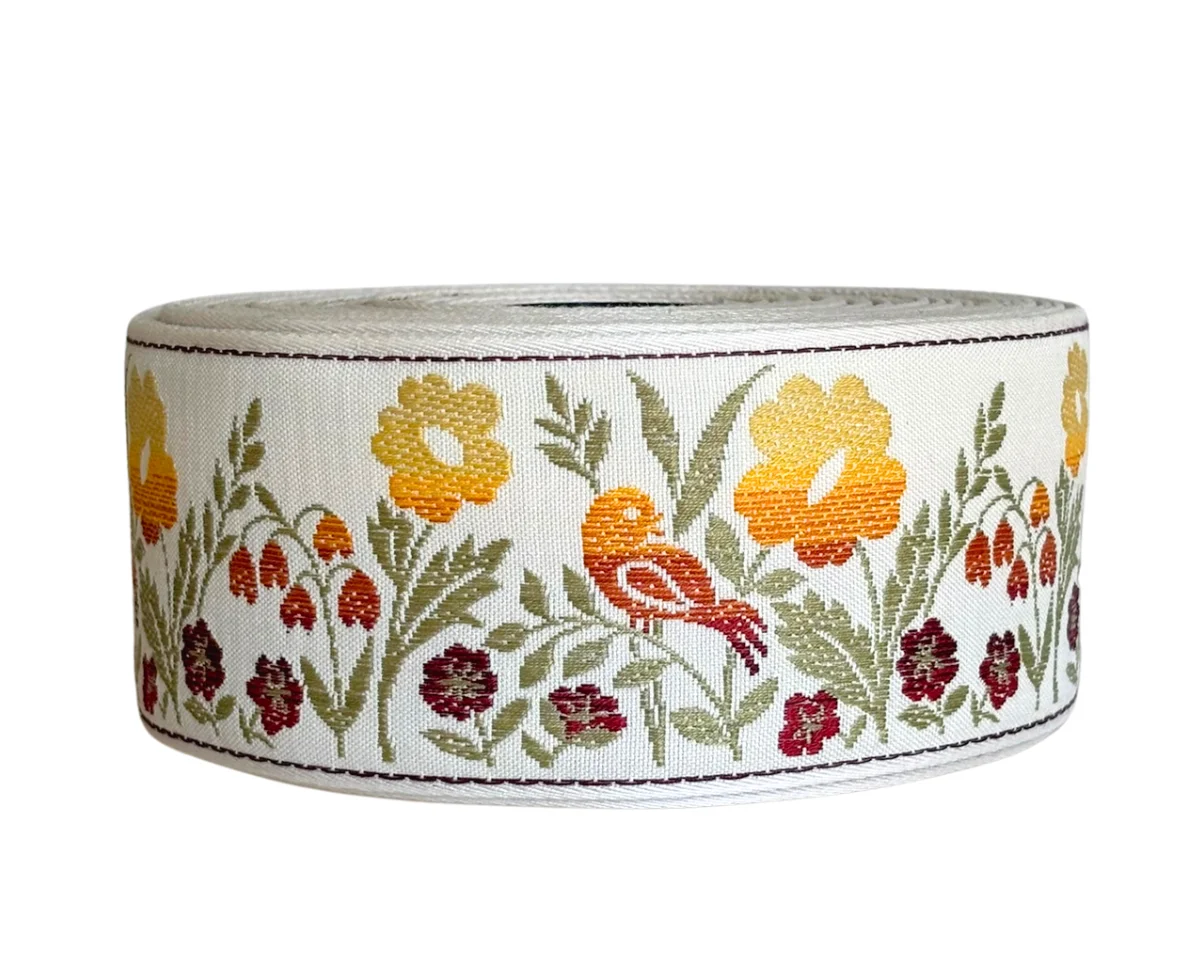 Webband FRÜHLINGSWIESE, 58 mm breit, beige, bunt, Vaupel & Heilenbeck