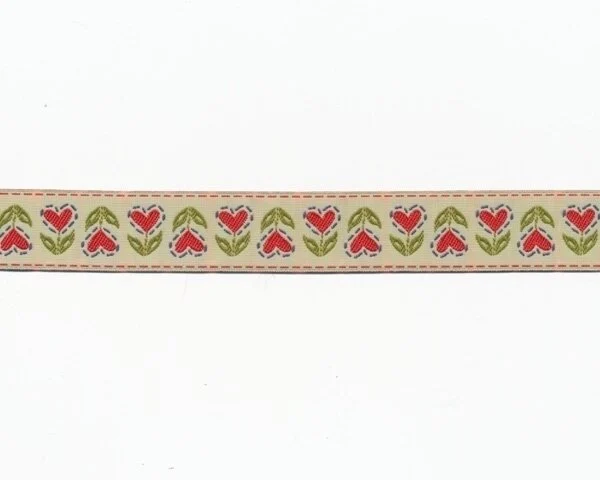 Webband HEARTS, kleine Herz-Blümchen, 22 mm breit, creme-rot
