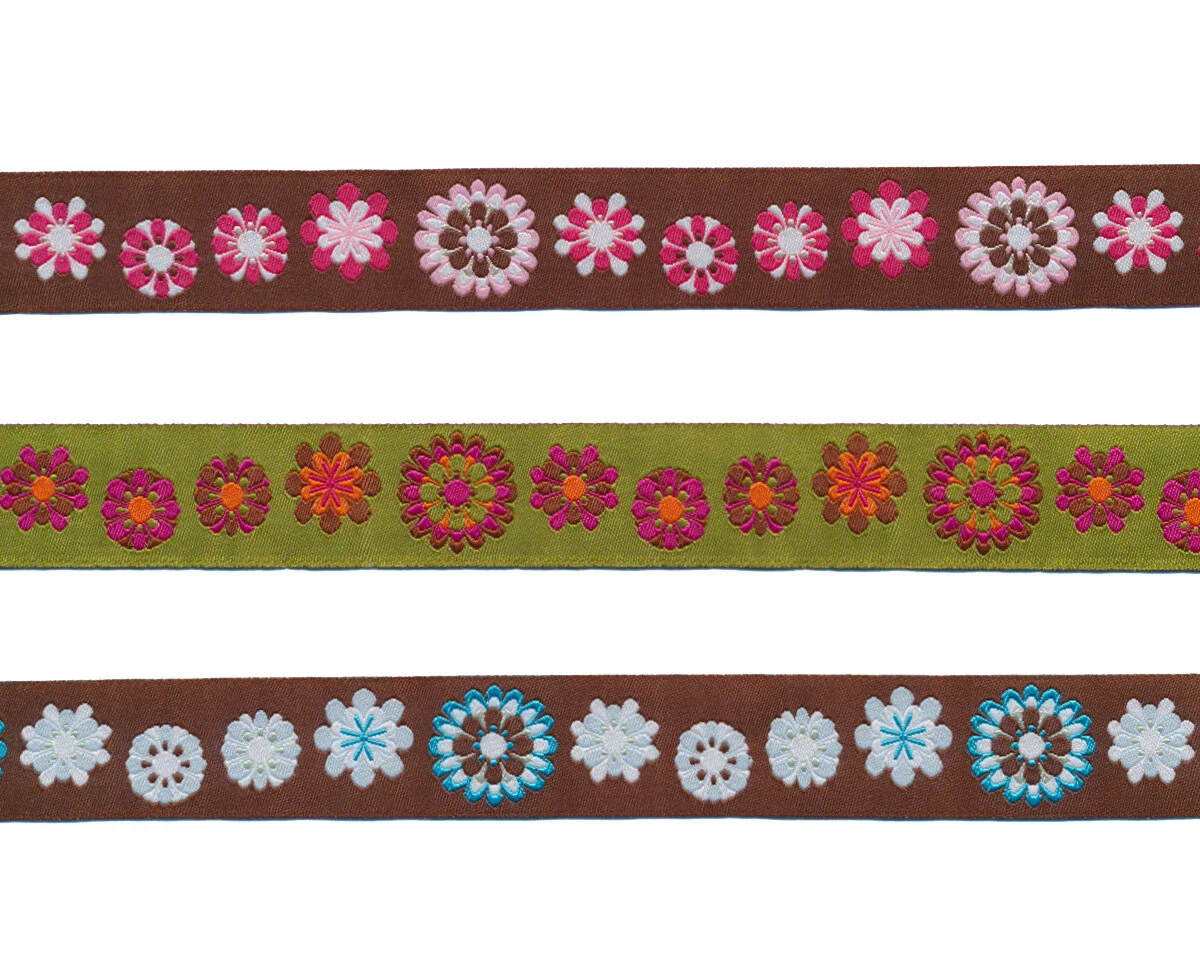 Webband ROUND FLOWER, Comic-Blüten, 22 mm breit, 3 Farben