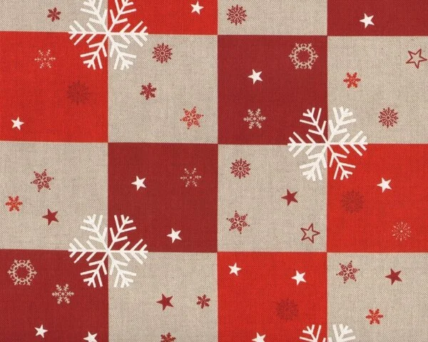 Weihnachts-Dekostoff, QUADRATSTERNE, Schneesterne, natur-weinrot-rot
